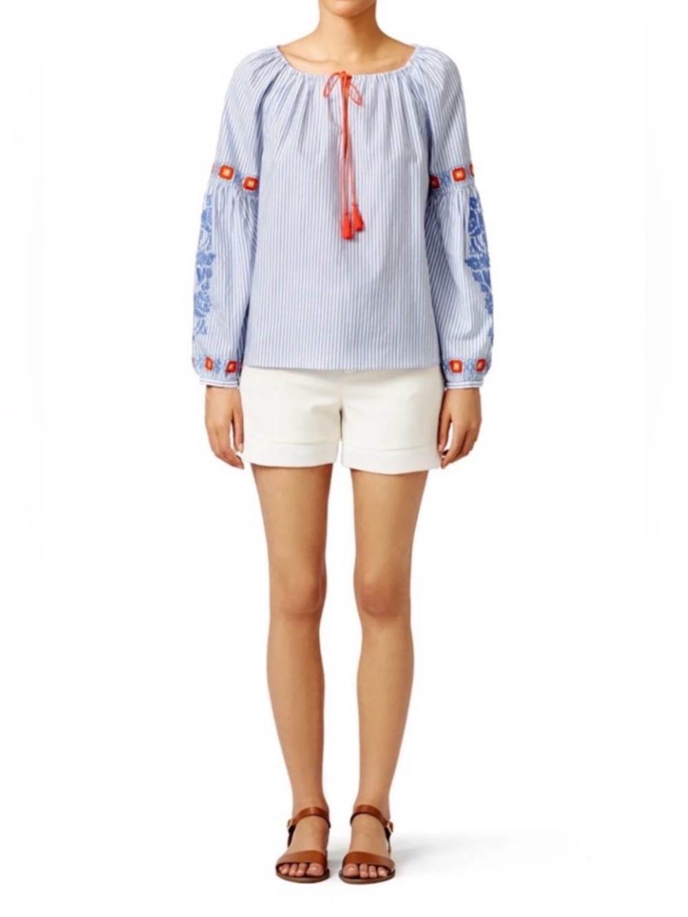 Tory Burch Light Blue Striped Peasant Blouse with Coral Tassels EUC Size 14 - Picture 2 of 9